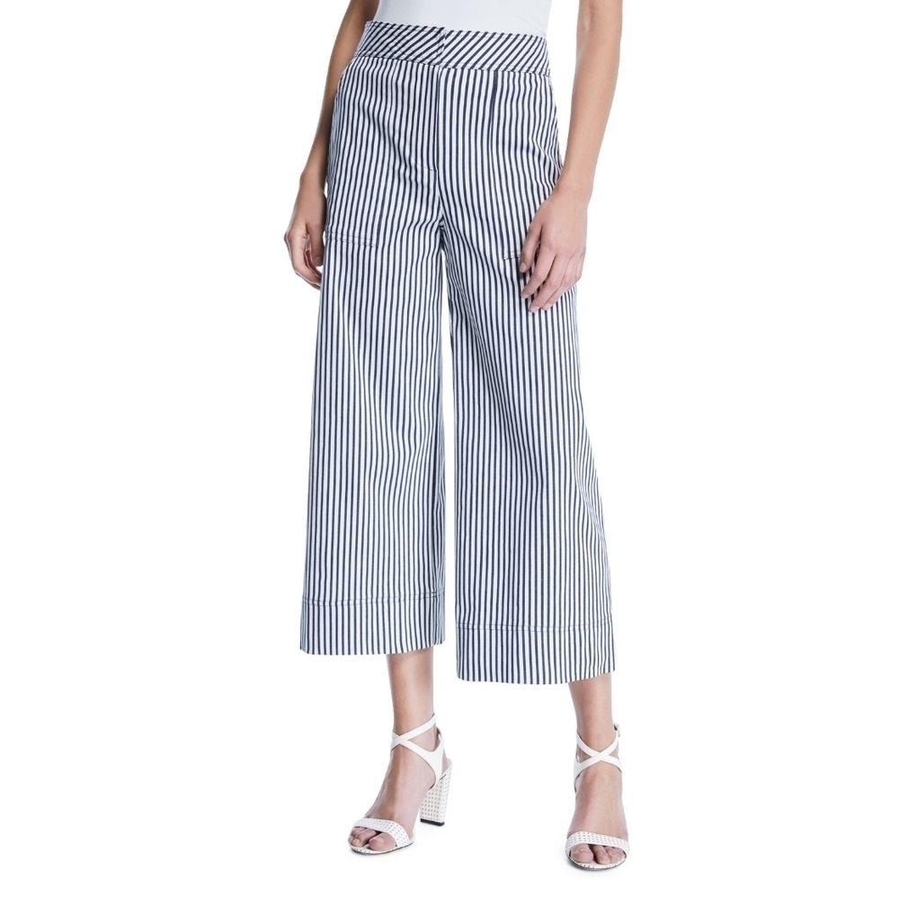Trina Turk Blue Stripe Cotton Tencel Blend Cropped Wide Leg Culottes Nautical